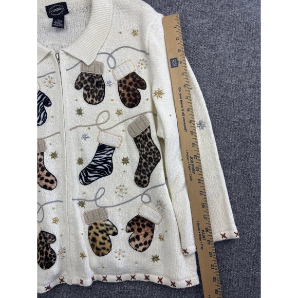 Designers Studio Originals Sweater Womens XL Animal Print Mittens Holiday Zip - Picture 5 of 7